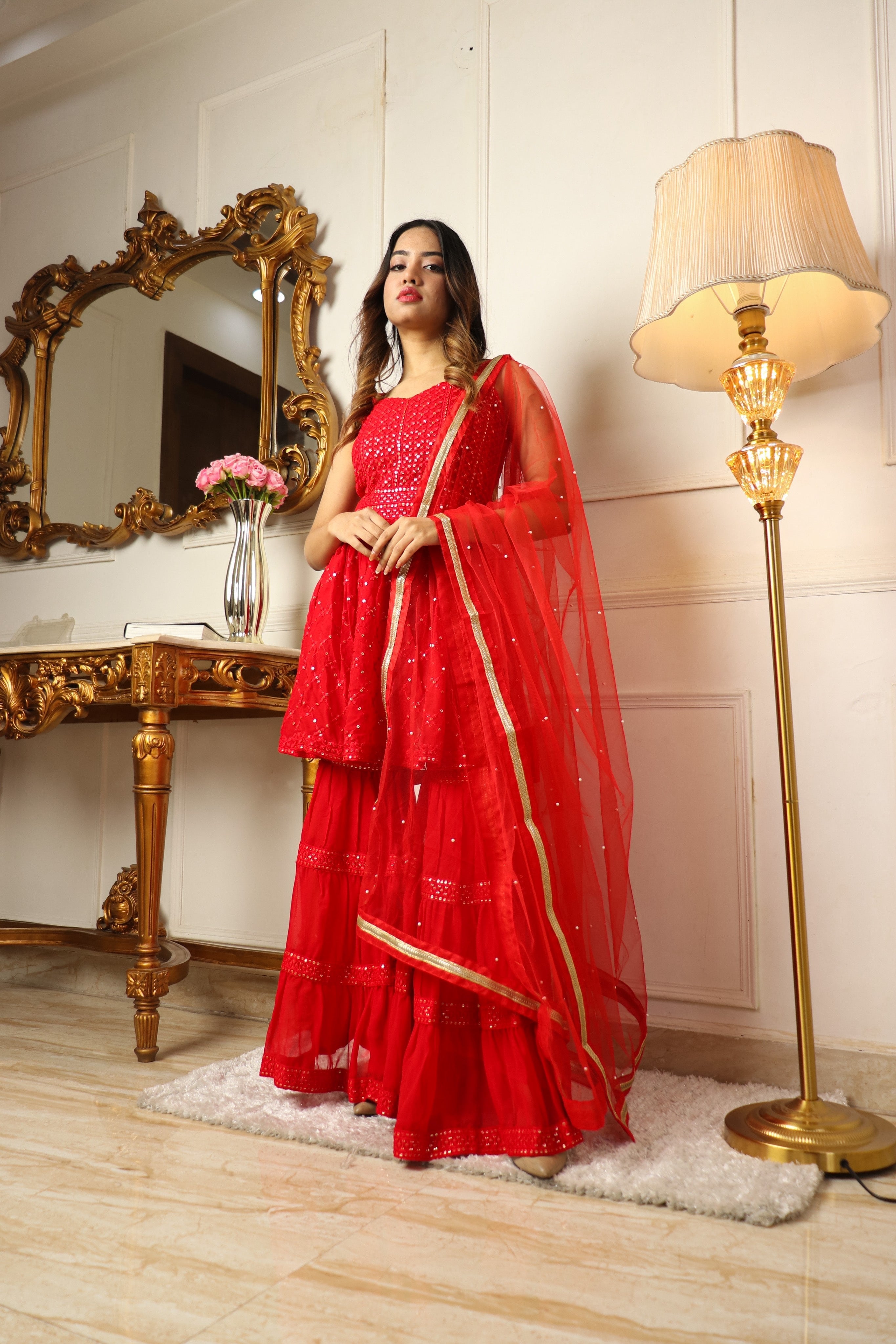 Red Sequins Embroidered Georgette Sharara Suit