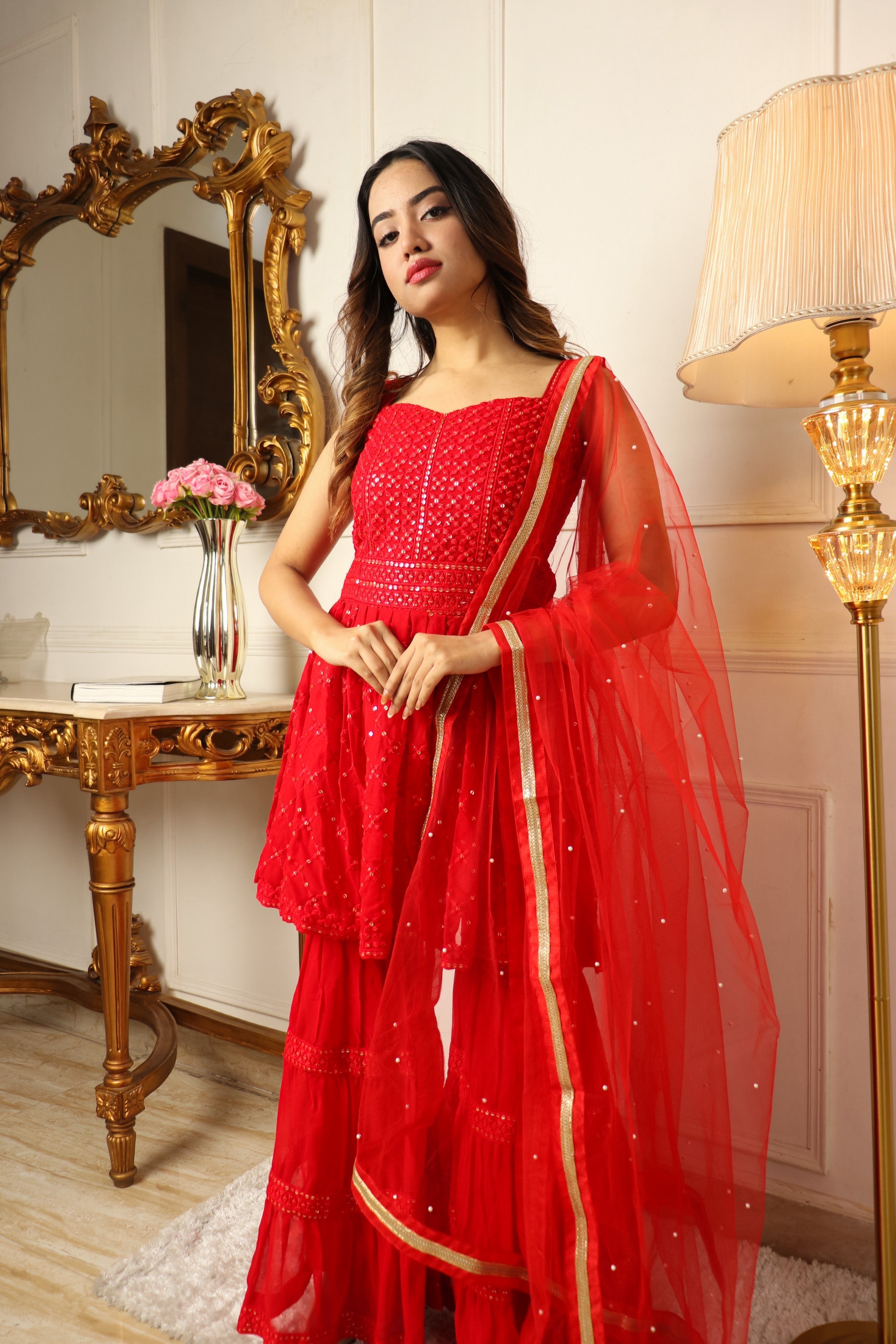 Red Sequins Embroidered Georgette Sharara Suit