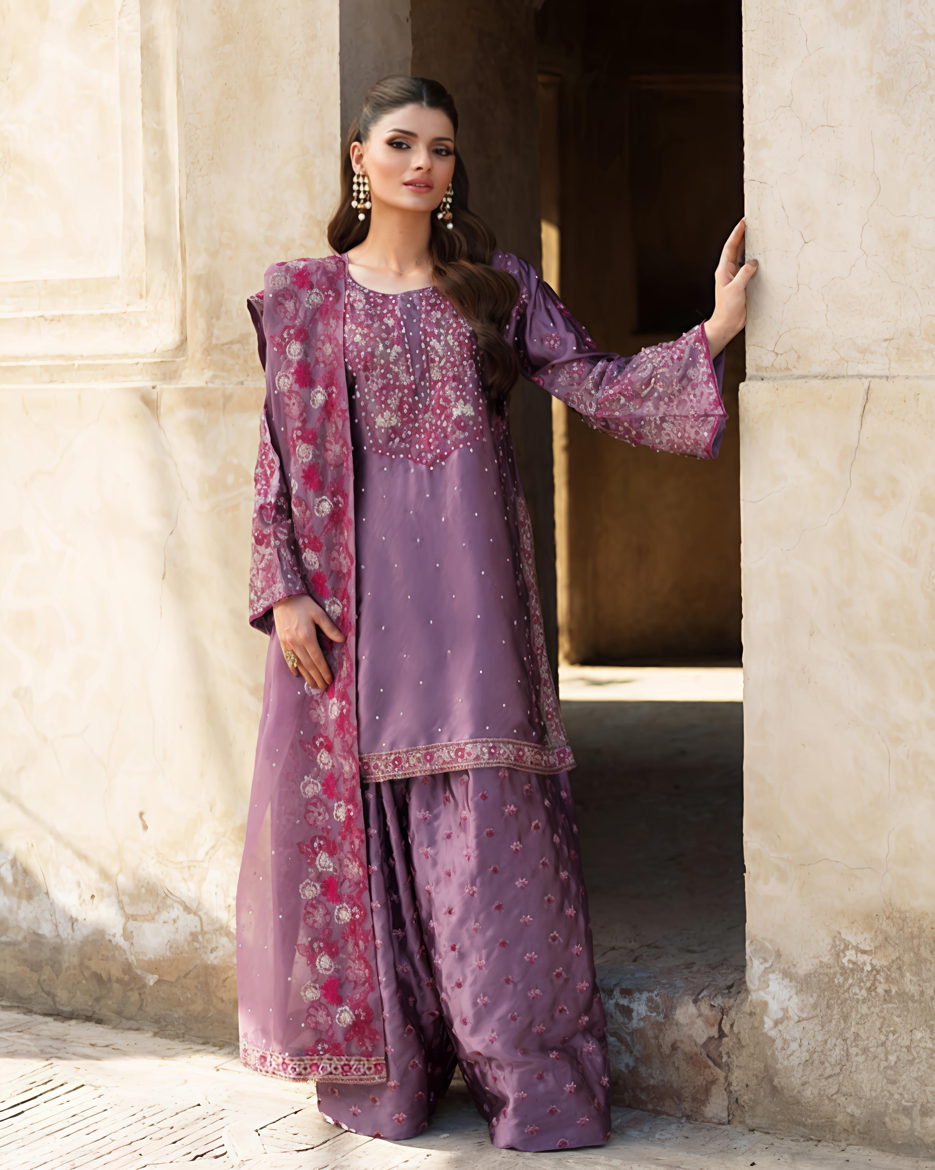 'Grace in Lavender Woman in Embroidered Traditional Outfit at the Stadium'