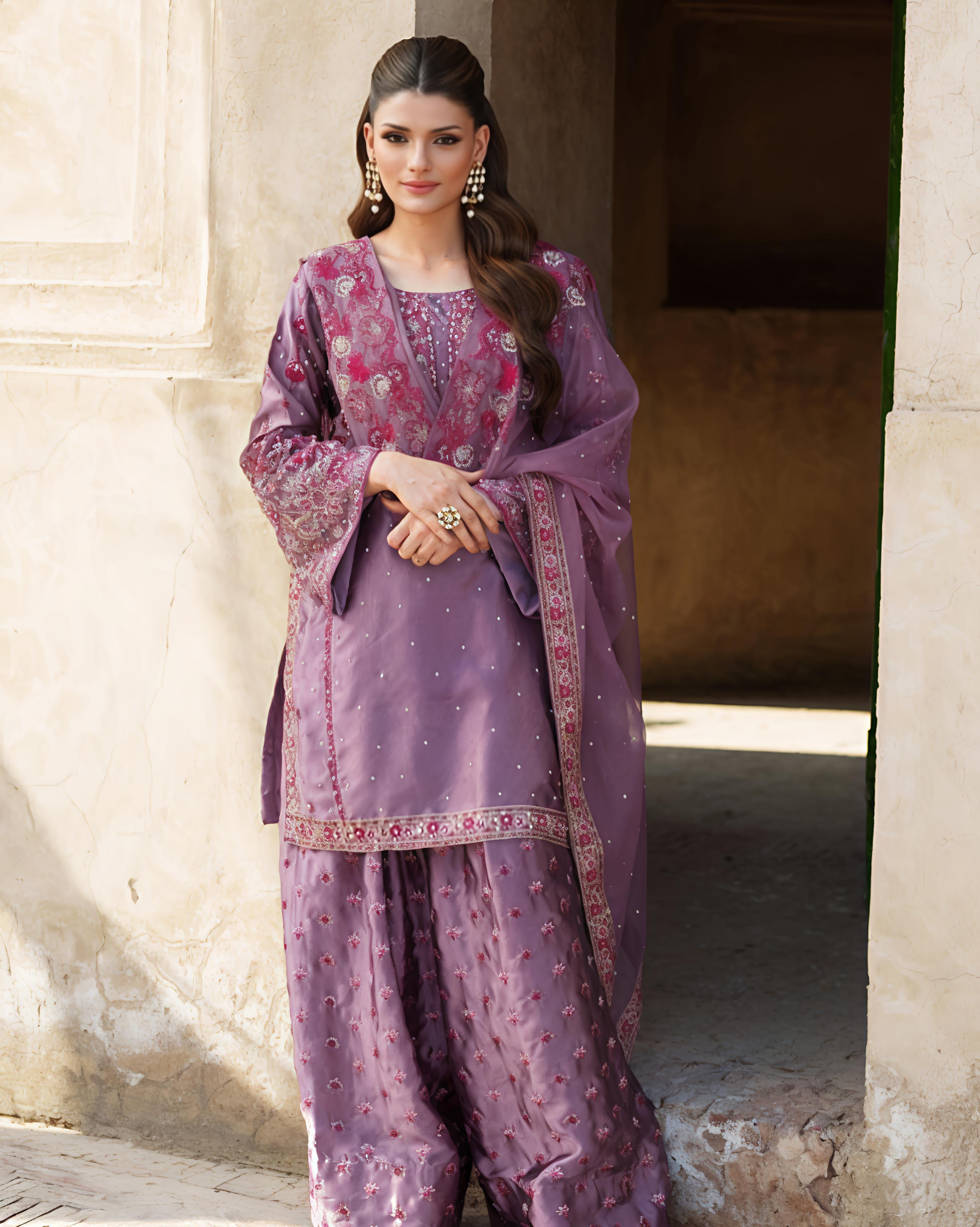 'Grace in Lavender Woman in Embroidered Traditional Outfit at the Stadium'