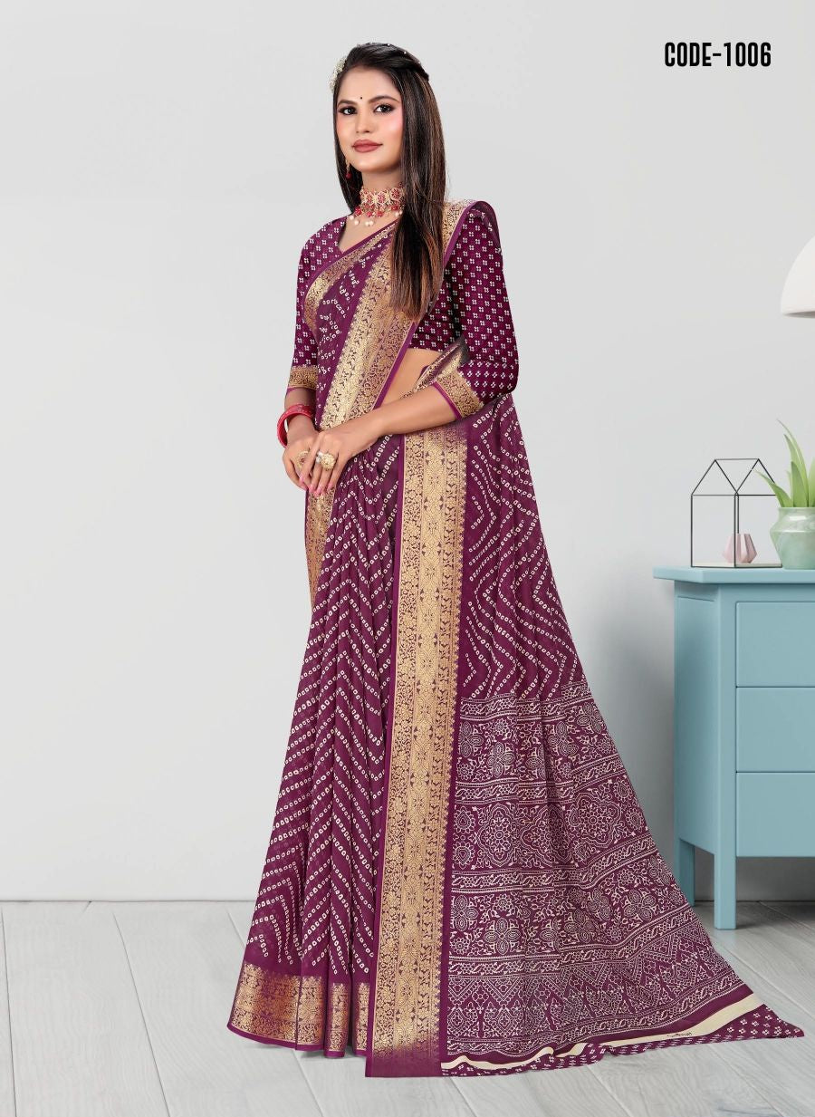 Laheriya print Zari border Soft cotton saree with blouse for women