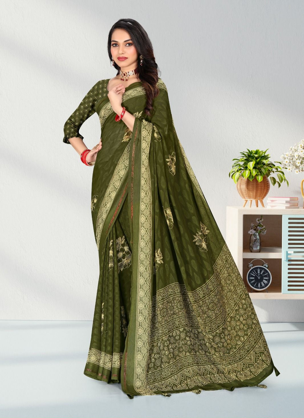 Satin border Jacquard Butta Georgette saree with blouse for women