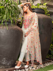 WHITE  COLOURED  WOMEN'S VISCOSE CHANDERI  EMBROIDERED   KURTA  WITH PANT DUPATTA  SET