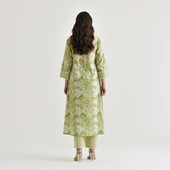 MOTI LEMON GREEN COLOURED  WOMEN'S  RAYON SLUB  LACE WORK   KURTA WITH PANT SET