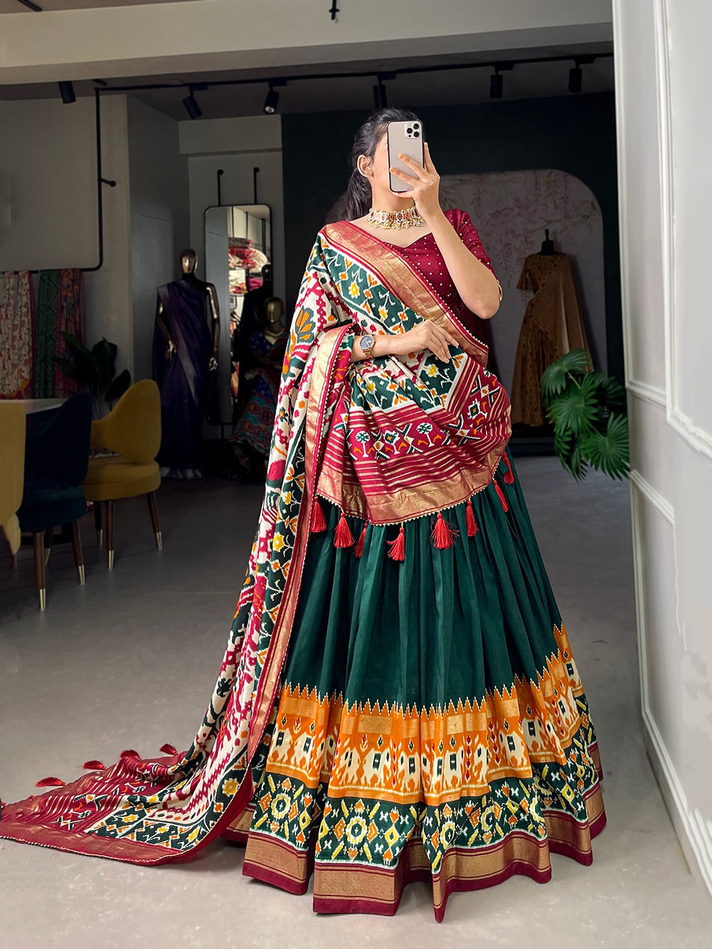 Tussar Silk Patola Print Lehenga Choli Set for Women | Ghagra Choli for Girls