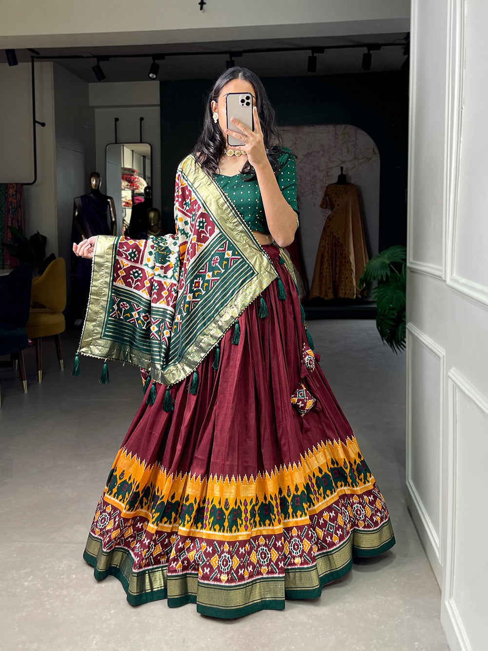 Tussar Silk Patola Print Lehenga Choli Set for Women | Ghagra Choli for Girls