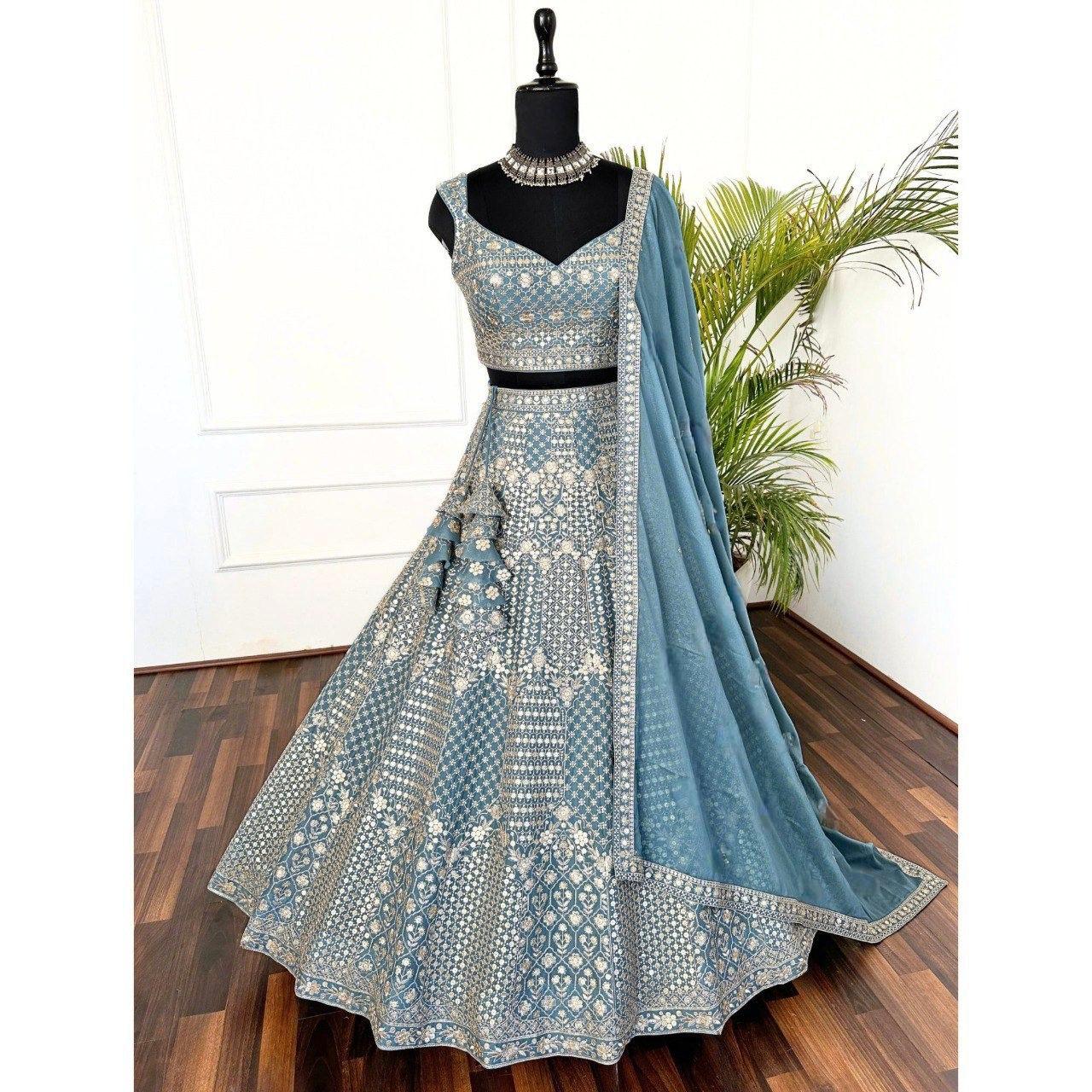 Light Blue Sequins Embroidery Lehenga Choli for women