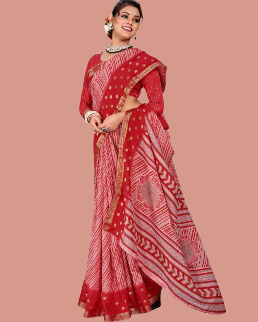 Strip Print Jacquard border Dola Silk saree with blouse for women