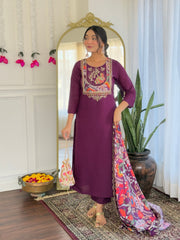 NARI Women's  Chanderi Viscose Embroidered Straight Kurta with Chanderi Viscose Pant And Silk Printed Dupatta Sets