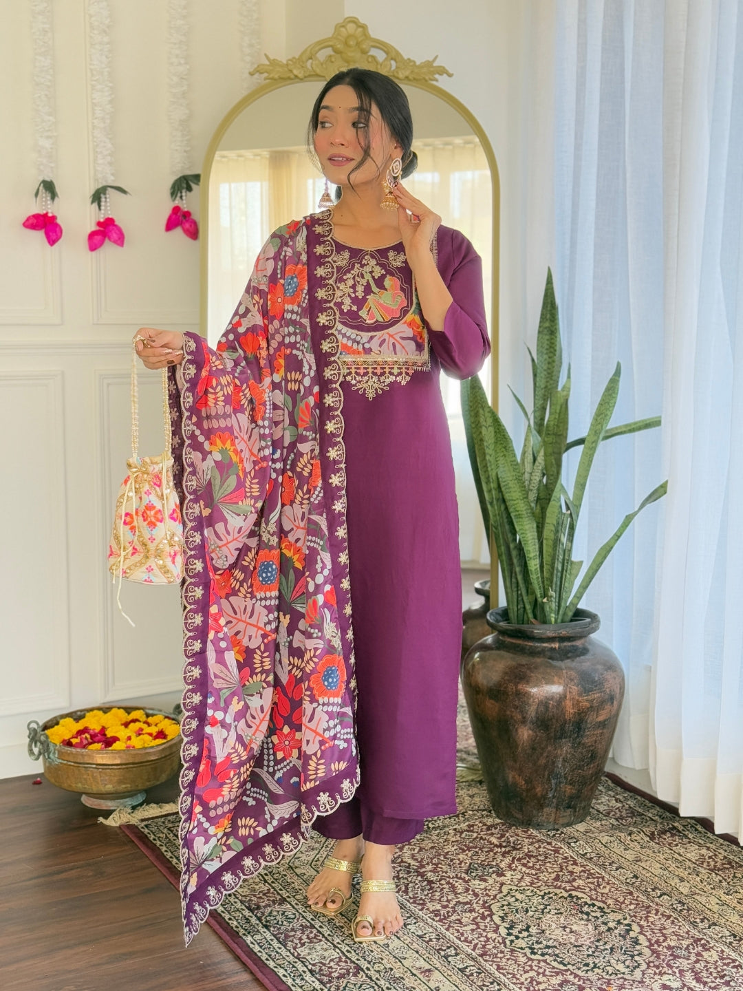 NARI Women's  Chanderi Viscose Embroidered Straight Kurta with Chanderi Viscose Pant And Silk Printed Dupatta Sets