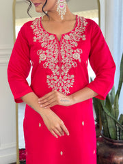 PINK COLOURED  WOMEN'S ROMAN SILK EMBROIDERED STRAIGHT   KURTA  WITH PANT DUPATTA  SET
