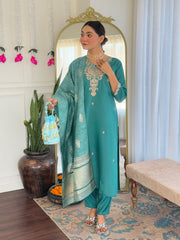 BLUE  GREEN WOMEN;S VISCOSE CHANDERI KURTA SET