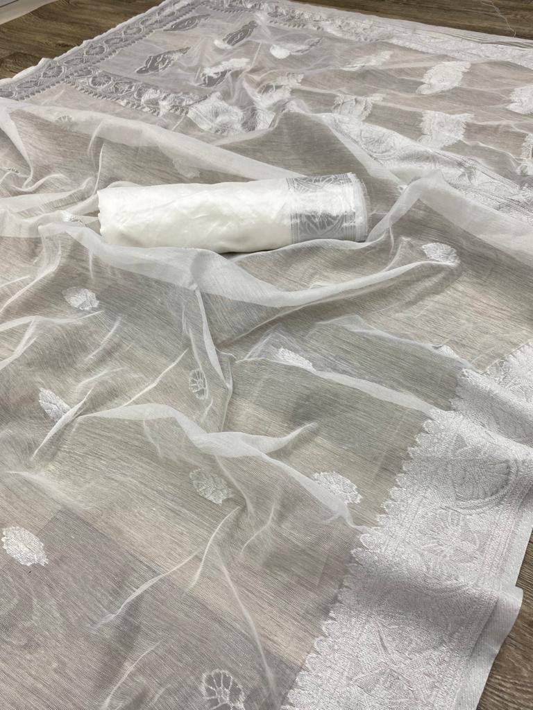 Milky white soft Linen cotton woven saree