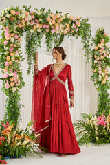 Red Hand Embroidered Anarkali suit set