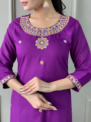 PURPLE COLOURED  WOMEN'S  RAYON SLUB EMBROIDERED STRAIGHT KURTA WITH PANT DUPATTA SET