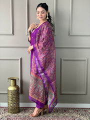 PURPLE COLOURED  WOMEN'S  RAYON SLUB EMBROIDERED STRAIGHT KURTA WITH PANT DUPATTA SET