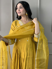 OLIVIA YELLOW COLOURED  WOMEN'S  VISCOSE CHANDERIE  EMBROIDERED  KURTA WITH PANT DUPATTA SET