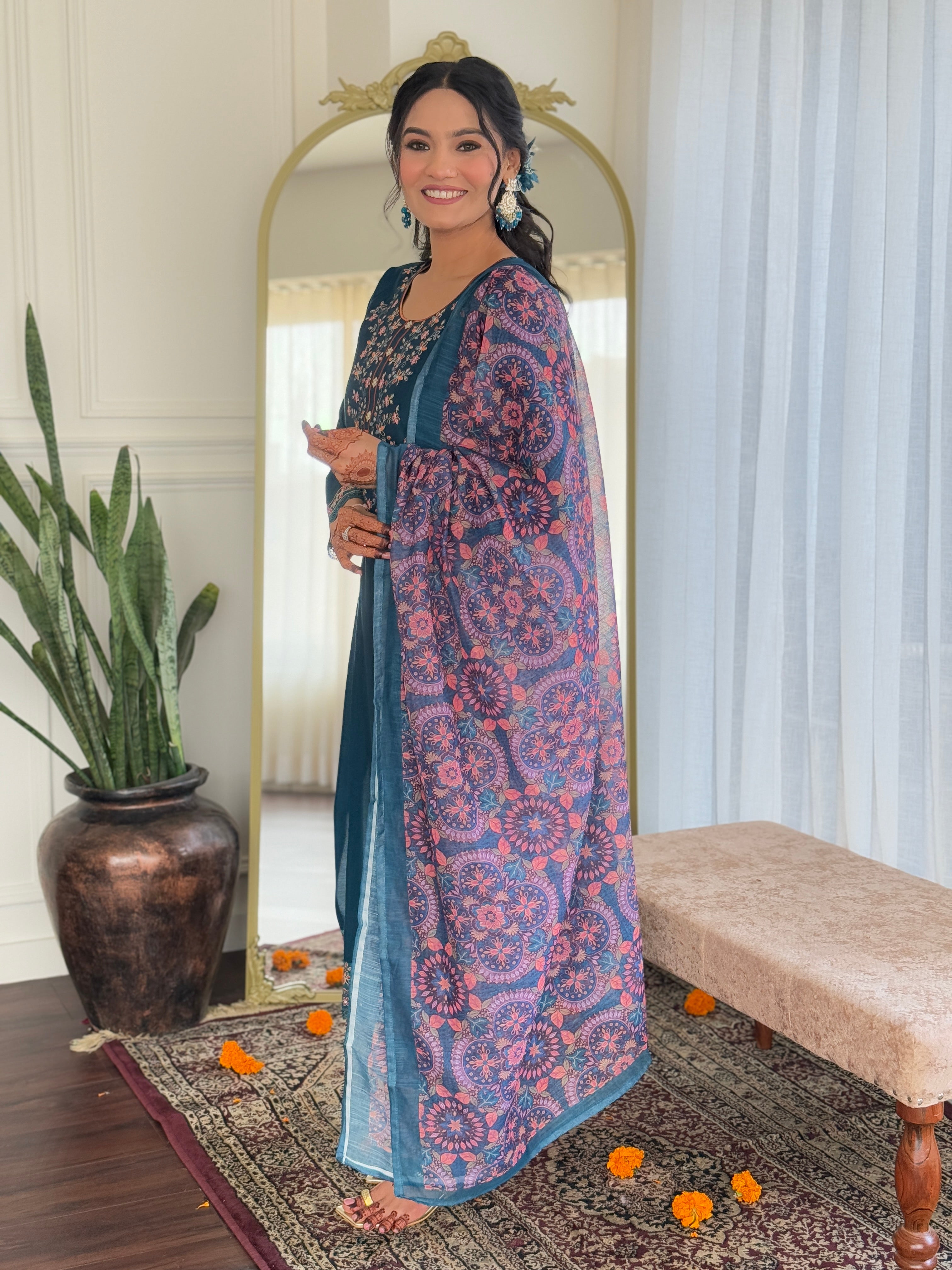 TEAL  COLOURED  WOMEN'S CHANDERI SILK   EMBROIDERED   KURTA  WITH PANT DUPATTA  SET