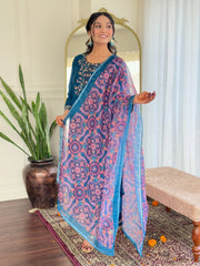 TEAL  COLOURED  WOMEN'S CHANDERI SILK   EMBROIDERED   KURTA  WITH PANT DUPATTA  SET