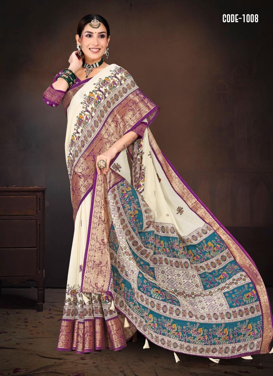 Tradional Madhubani print Cotton saree with blouse for indian women