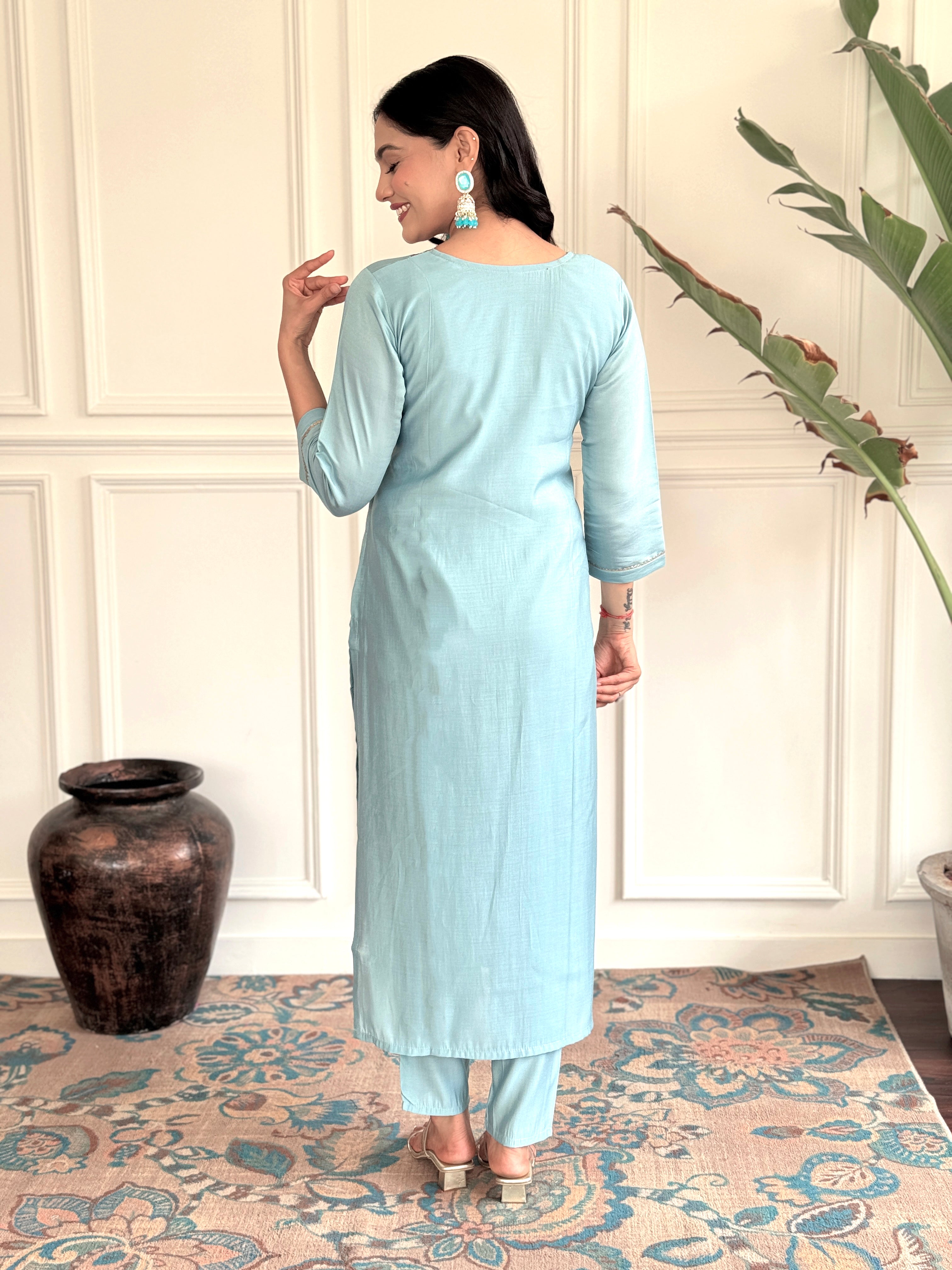 PRACHI SKY COLOURED  WOMEN'S CHANDERI EMBROIDERED  KURTA WITH PANT DUPATTA SET