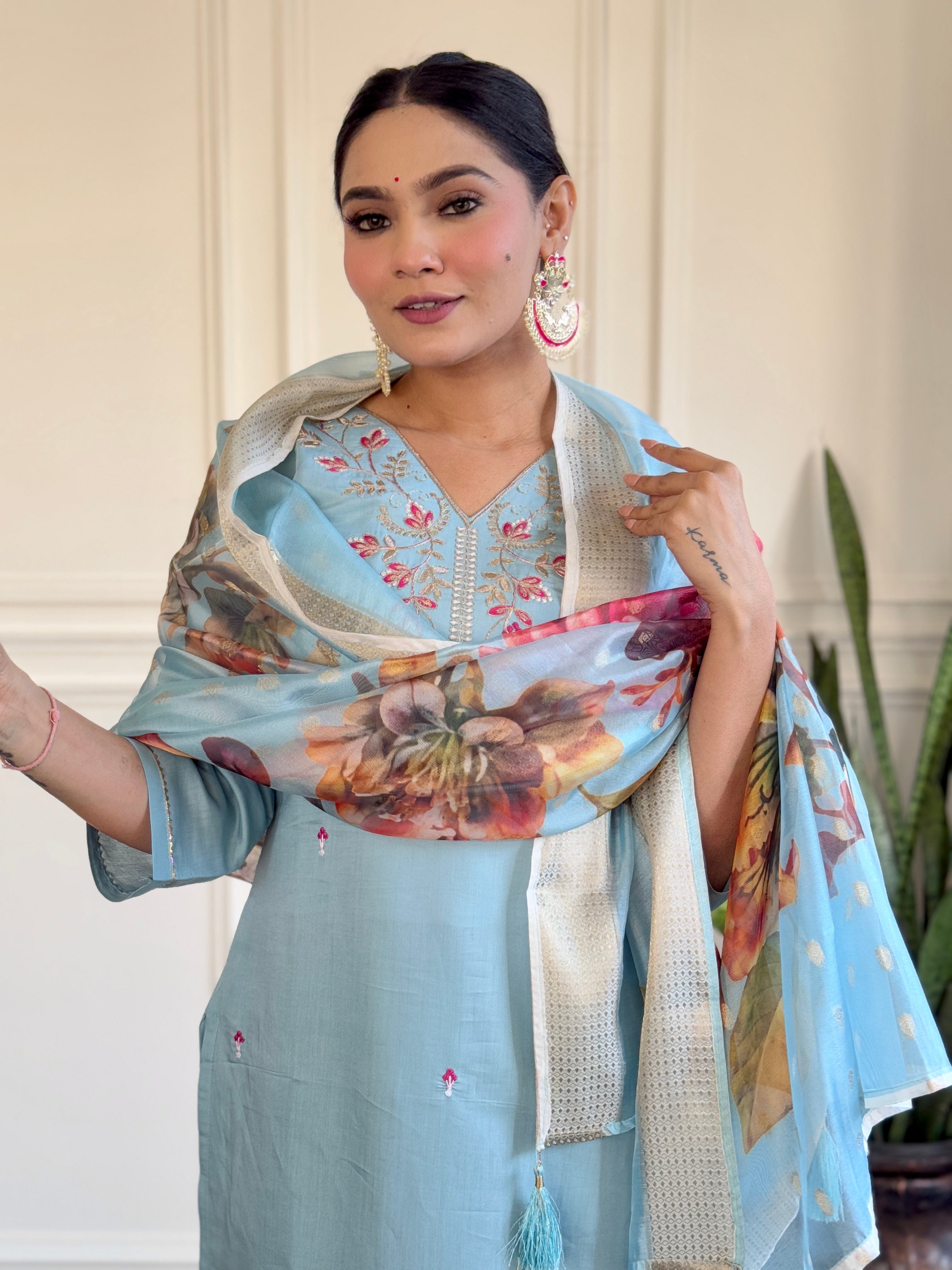 PARITA SKY COLOURED  WOMEN'S  VISCOSE CHANDERI  EMBROIDERED  KURTA WITH PANT DUPATTA SET
