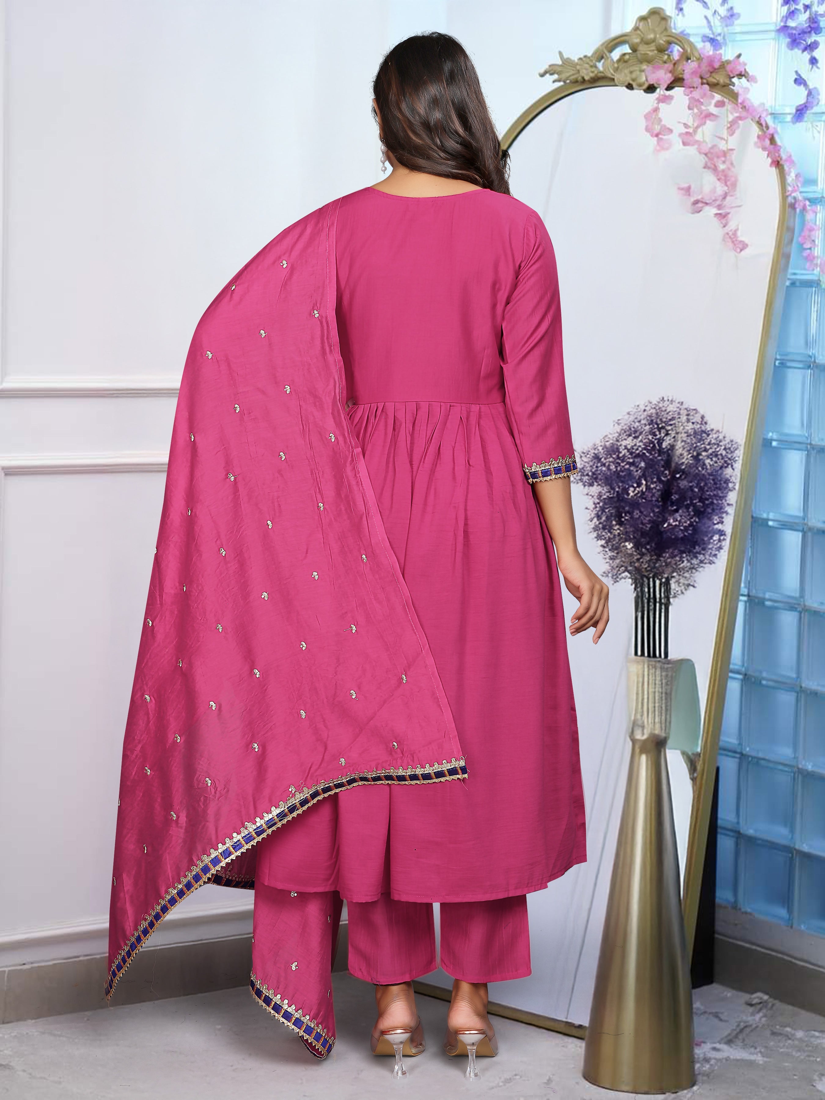 MORLO PINK  COLOURED  WOMEN'S BSY CHINNON  KURTA WITH PANT DUPATTA  SET