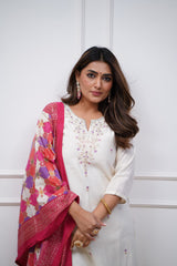 ALICE WHITE  COLOURED  WOMEN'S VISCOSE CHANDERI KURTA WITH PANT DUPATTA  SET