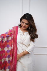 ALICE WHITE  COLOURED  WOMEN'S VISCOSE CHANDERI KURTA WITH PANT DUPATTA  SET