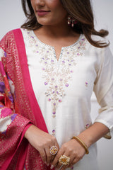ALICE WHITE  COLOURED  WOMEN'S VISCOSE CHANDERI KURTA WITH PANT DUPATTA  SET