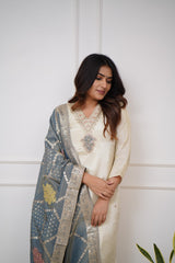 OFF WHITE  COLOURED  WOMEN'S VISCOSE CHANDERI KURTA WITH PANT DUPATTA  SET