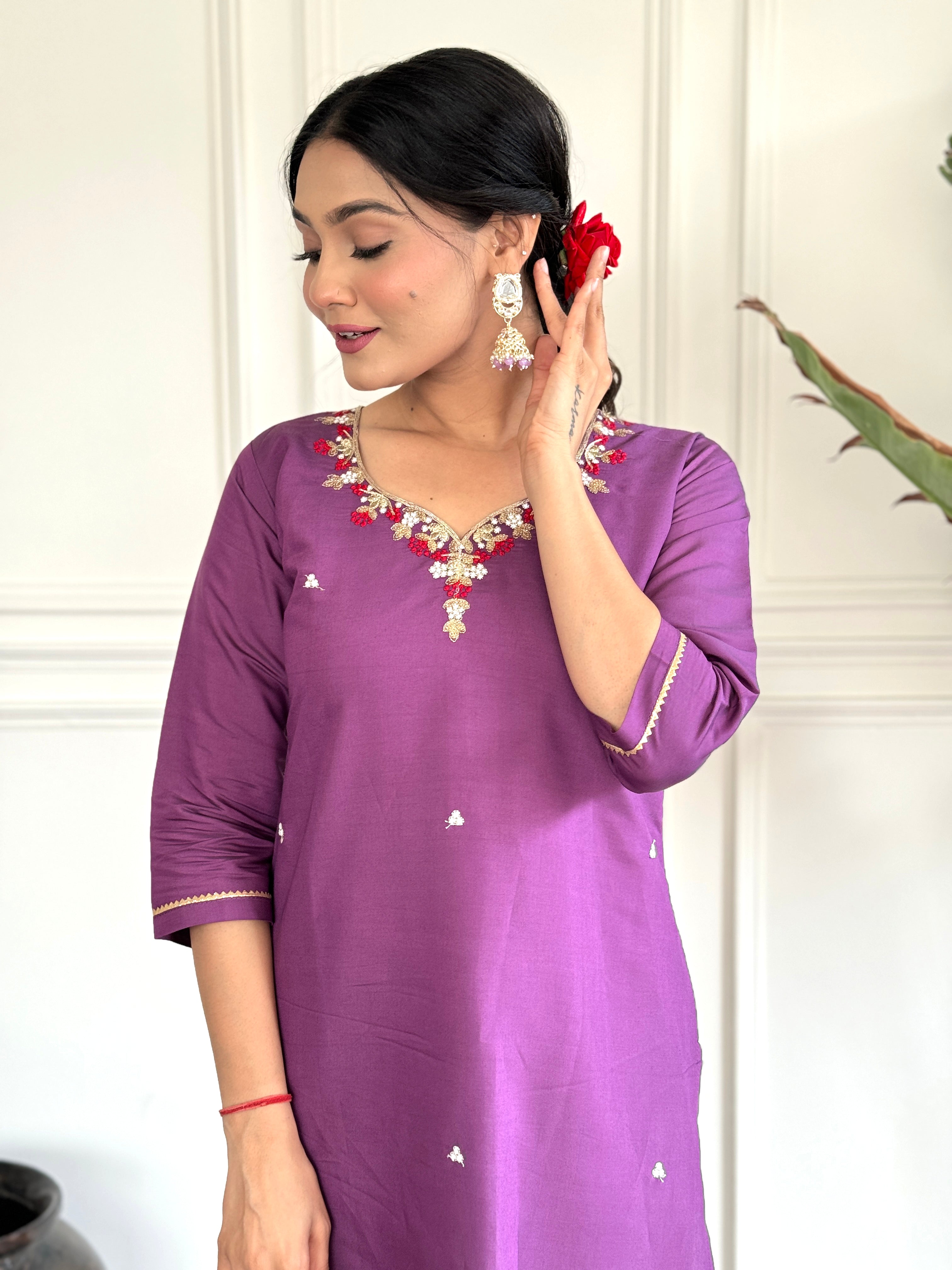 PURPLE COLOURED  WOMEN'S VISCOSE CHANDERI  EMBROIDERED  KURTA WITH PANT DUPATTA SET