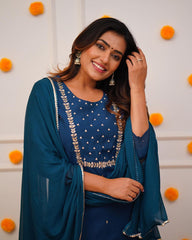 PRAGATI BLUE COLOURED  WOMEN'S RAYON SLUB  EMBROIDERED  KURTA WITH PANT DUPATTA SET