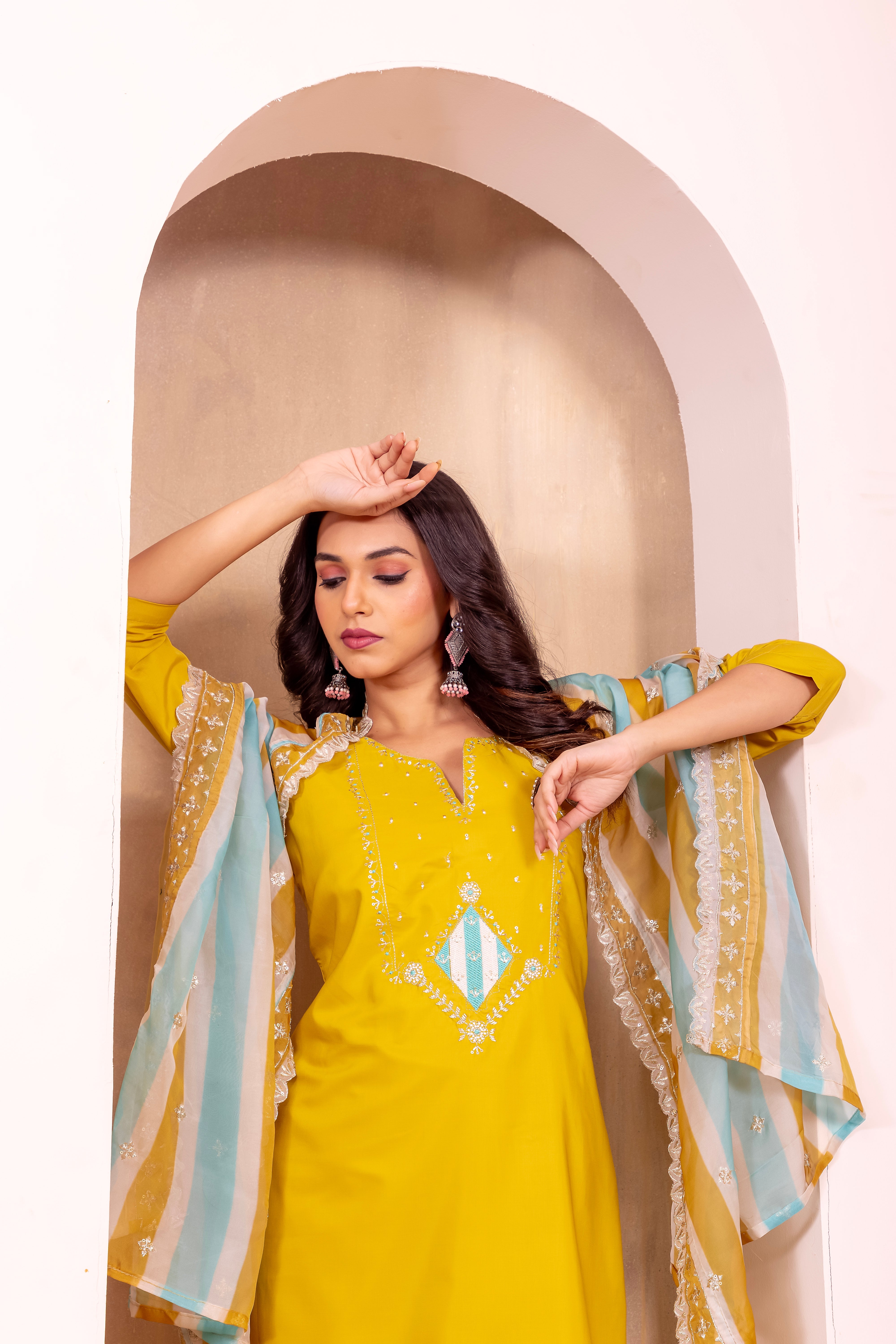 YELLOW COLOURED  WOMEN'S ROMAN SILK EMBROIDERED  KURTA WITH PANT DUPATTA  SET SET