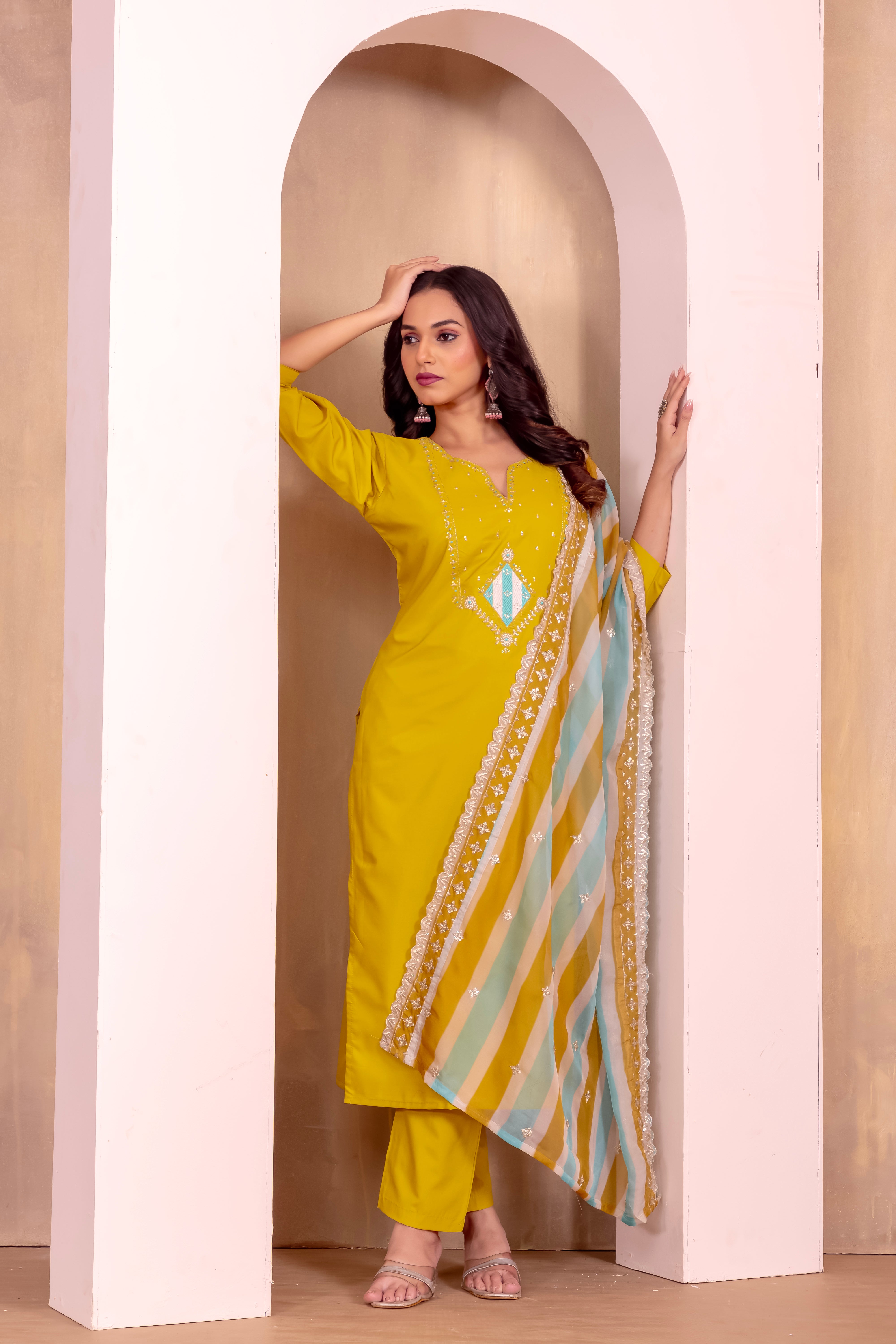 YELLOW COLOURED  WOMEN'S ROMAN SILK EMBROIDERED  KURTA WITH PANT DUPATTA  SET SET