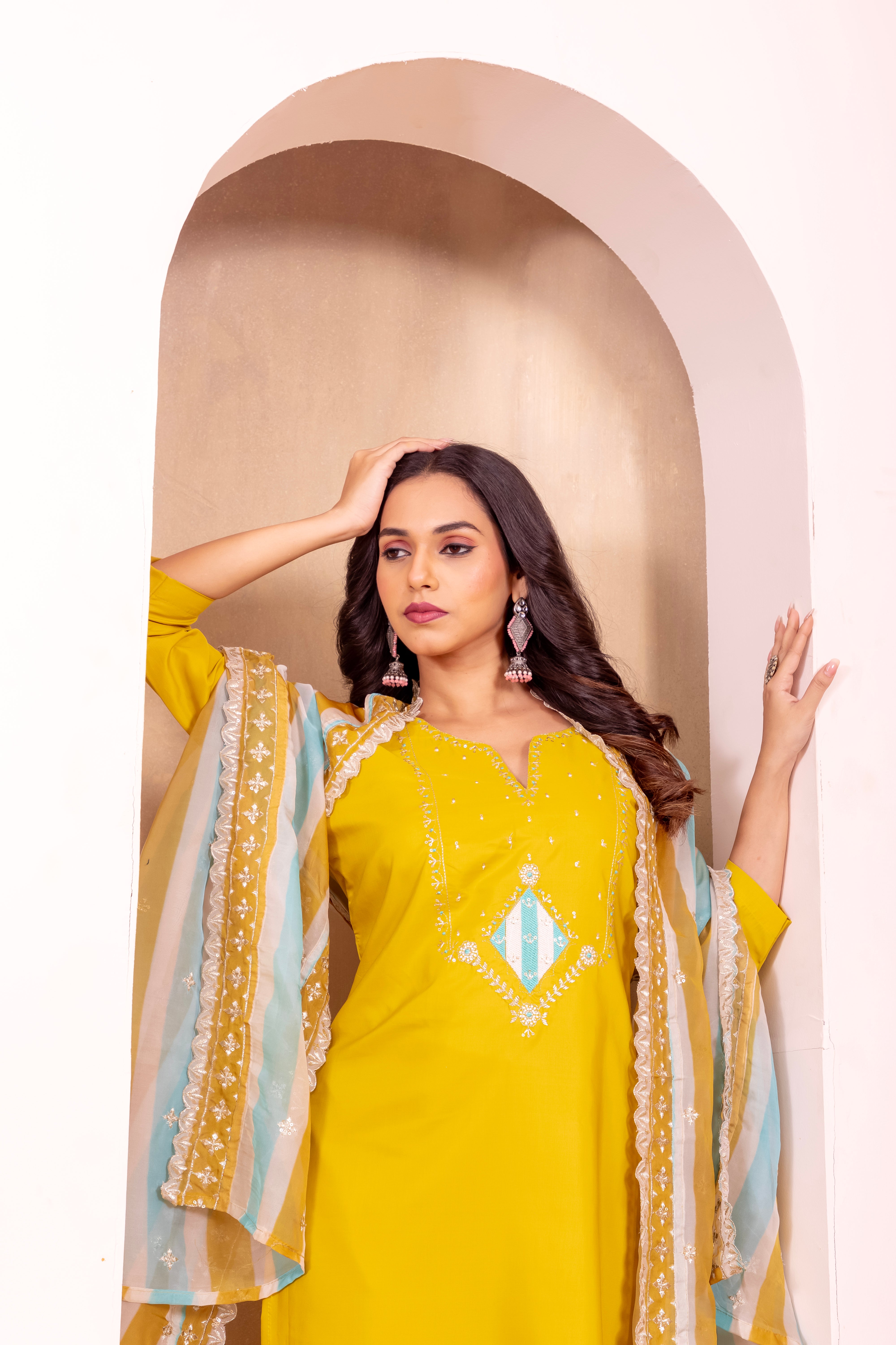 YELLOW COLOURED  WOMEN'S ROMAN SILK EMBROIDERED  KURTA WITH PANT DUPATTA  SET SET