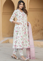 KAMINI PINK COLOURED  WOMEN'S  COTTON SLUB  KURTA WITH PANT DUPATTA  SET