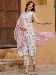 DAMINI  PINK  COLOURED  WOMEN'S  COTTON SLUB  KURTA WITH PANT DUPATTA  SET