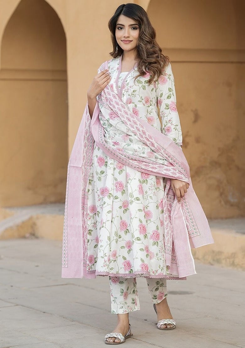 KAMINI PINK COLOURED  WOMEN'S  COTTON SLUB  KURTA WITH PANT DUPATTA  SET