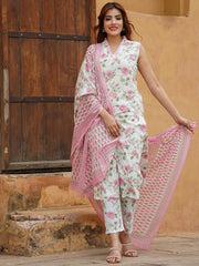 DAMINI  PINK  COLOURED  WOMEN'S  COTTON SLUB  KURTA WITH PANT DUPATTA  SET
