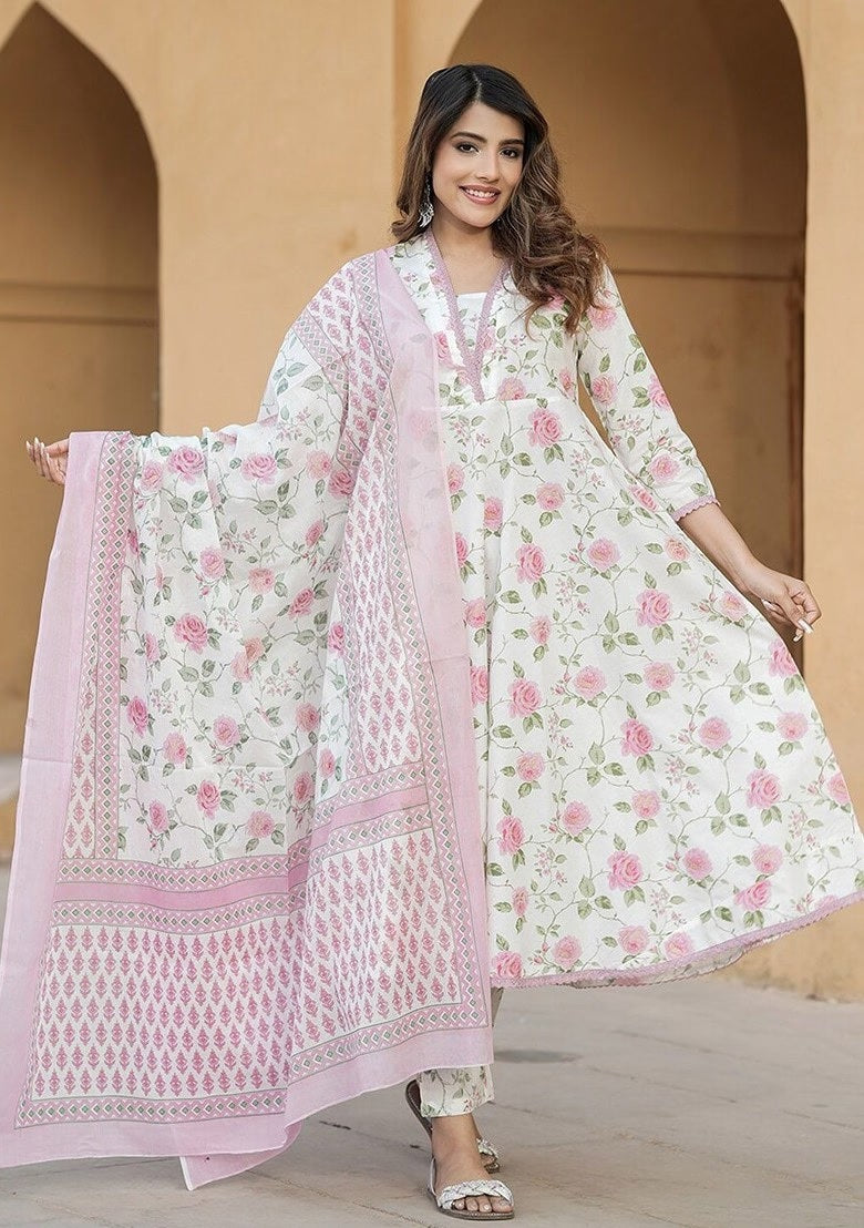 KAMINI PINK COLOURED  WOMEN'S  COTTON SLUB  KURTA WITH PANT DUPATTA  SET