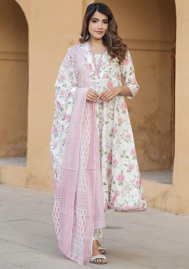 KAMINI PINK COLOURED  WOMEN'S  COTTON SLUB  KURTA WITH PANT DUPATTA  SET