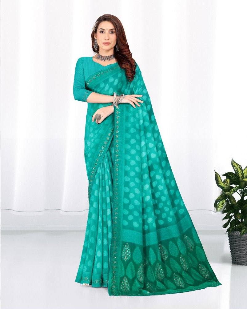 Georgette Diamond work Brasso cut siroski saree with blouse for women