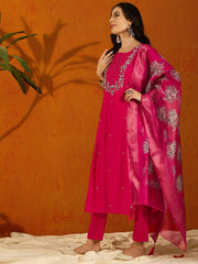 RED COLOURED  WOMEN'S  VISCOSE CHANDERI  EMBROIDERED  KURTA WITH PANT DUPATTA SET