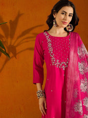 RED COLOURED  WOMEN'S  VISCOSE CHANDERI  EMBROIDERED  KURTA WITH PANT DUPATTA SET