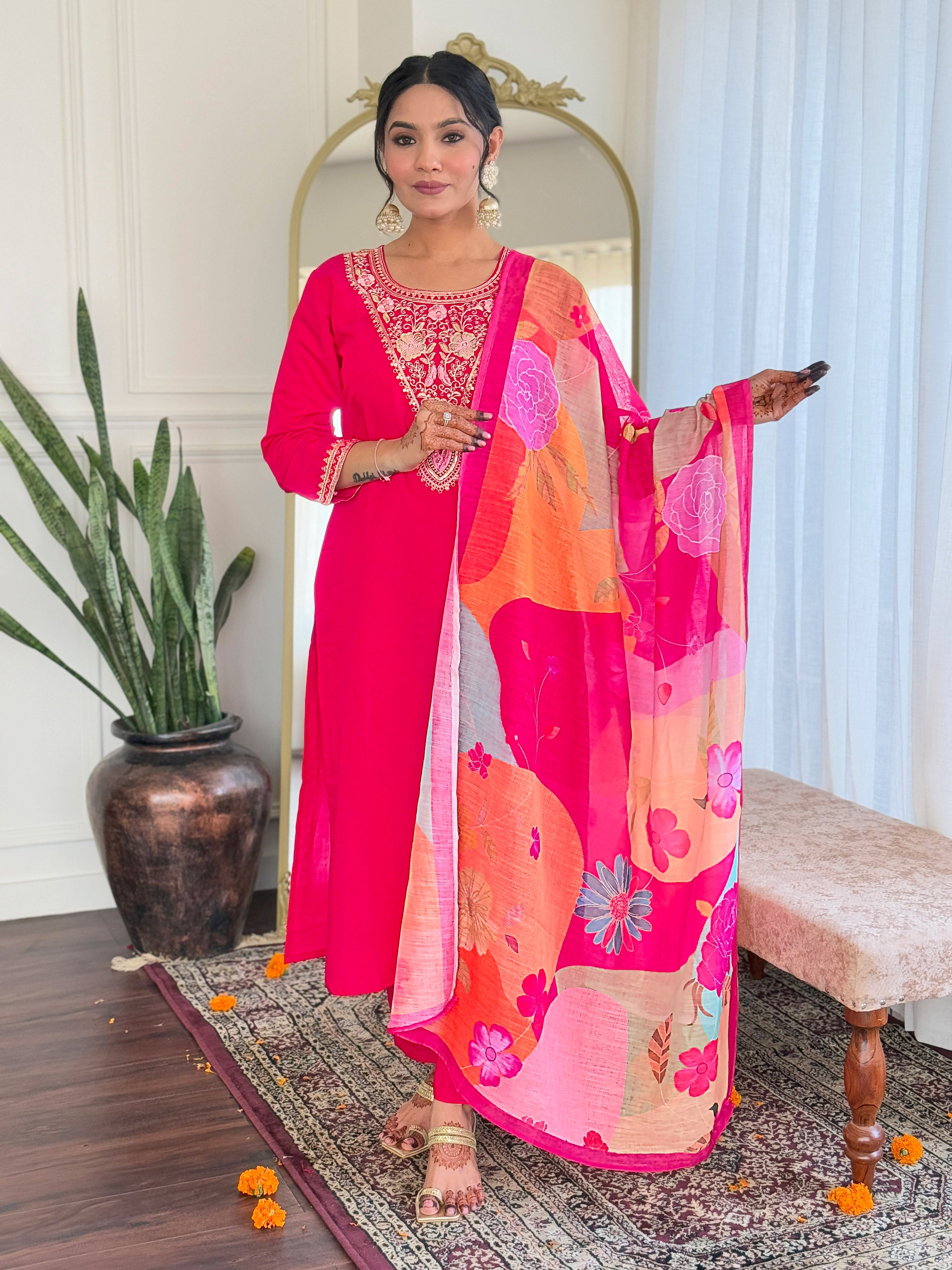 REVA PINK COLOURED  WOMEN'S VISCOSE BLEND REYON  EMBROIDERED  KURTA WITH PANT DUPATTA SET