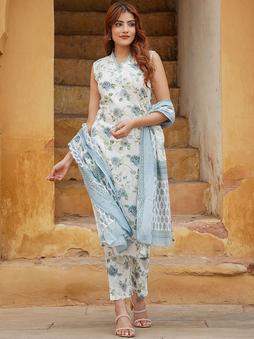 DAMINI WHITE  COLOURED  WOMEN'S  COTTON SLUB  KURTA WITH PANT DUPATTA  SET