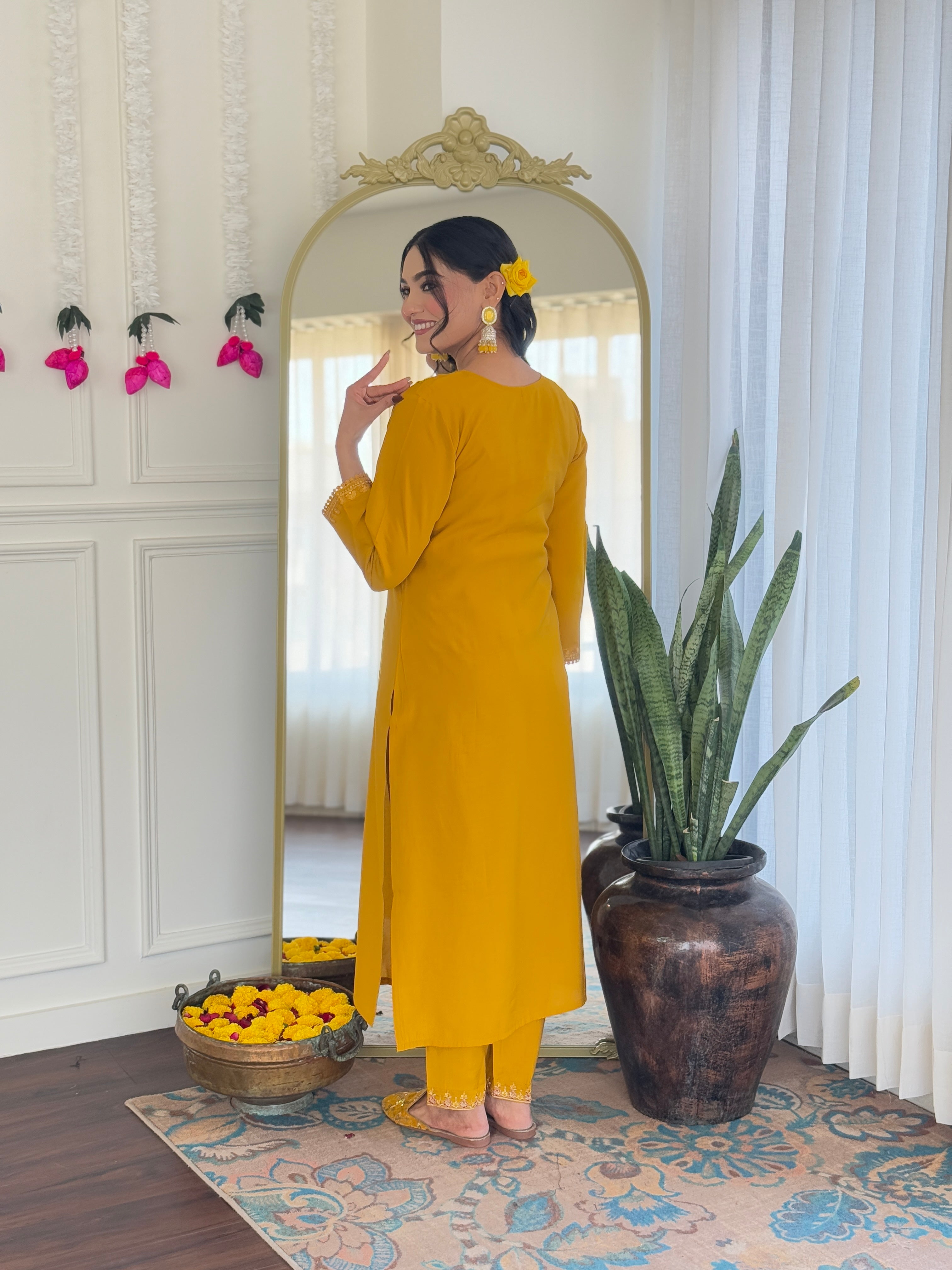 YELLOW COLOURED  WOMEN'S CHANDERI SILK   KURTA  WITH PANT DUPATTA  SET
