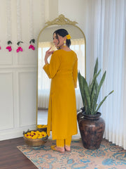 YELLOW COLOURED  WOMEN'S CHANDERI SILK   KURTA  WITH PANT DUPATTA  SET