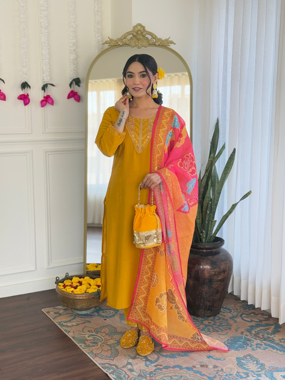 YELLOW COLOURED  WOMEN'S CHANDERI SILK   KURTA  WITH PANT DUPATTA  SET